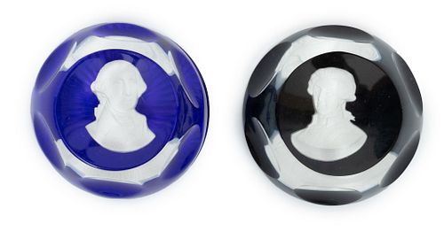 Baccarat Crystal Washington And Lafayette Cameo Sulphide Paperweights Dia. 3'' 2 pcs