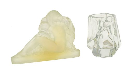 Nude Frosted Crystal Sculpture C. 1930, H 7'' L 9'+ Crystal Vannes Vase 5" X 3". H 7'' W 9'' 2 pcs ' 2 Pcs