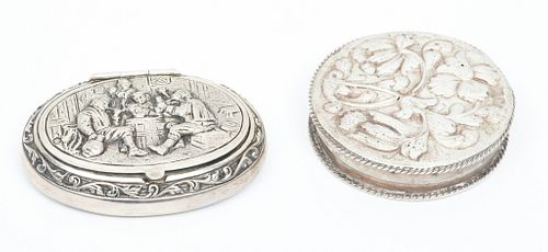 Sterling Silver Oval Covered Box, Card Playing Scene & Sterling Round Box Ca. 19th.c., W 2'' L 2.5'' 2 pcs