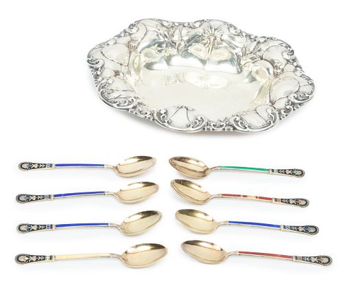 Norway Vermeil Enamel Demi Tasse Spoons (8) & Whiting Gorham Dish W 5.7'' L 7'' 5.4t oz 9 pcs