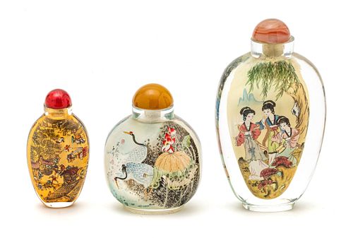 Chinese Reverse Painted Snuff Bottles, 3" - 4.7" Ca. 19th.c., 3 pcs