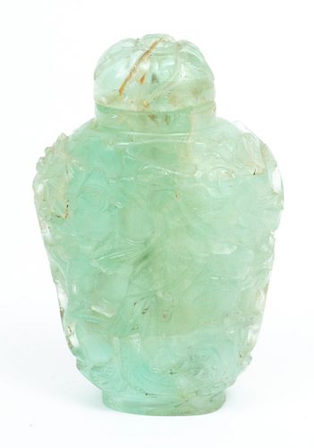 Chinese Carved Green Quartz Snuff Bottle Ca. 19th C, H 3.2''