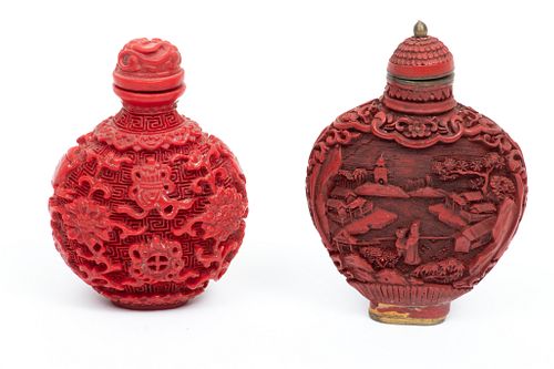 Chinese Carved Red Lacquer Cinnabar Snuff Bottles H 2.7'' 2 pcs