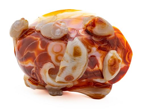 Chinese Carnelian Carved Stone, Five Fish On Seashell W 5.5'' L 9.5''