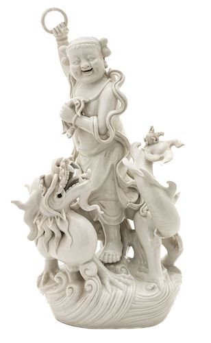 Chinese Blanc De Chine Porcelain Buddha Encircled By Dragon H 19'' W 9''