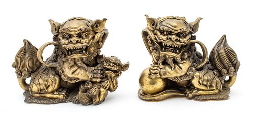 Chinese Brass Foo Dogs Ca. 1900, H 6.5'' L 9'' 2 pcs