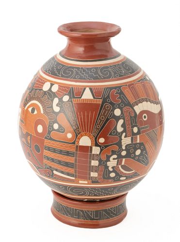 Mexican Hand Decorated Ceramic Cylinder Vase C. 1940, H 14'' Dia. 10'' 2 pcs Plus Stand