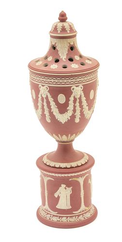 Wedgwood Style Jasperware Cameo Urn With Cover H 15'' Dia. 5''