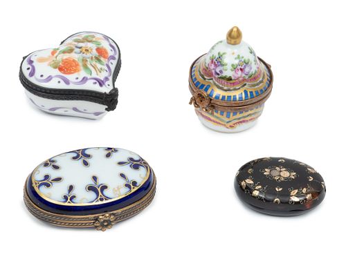 Limoges Hand Painted Porcelain Boxes (3) + Gold Inlay Box Ca. 1950, W 2'' 4 pcs
