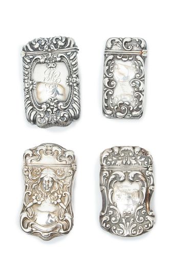 Sterling Silver Match Safes, Art Nouveau, Indian Head & Lady's Face Ca. 1900, H 2.5'' 93g 4 pcs
