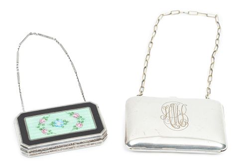 Enamel And Sterling Compact Purse With Chain By Elgin + Other Ca. 1920, H 1.7'' W 3'' 2 pcs