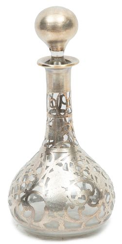 Silver Overlay Crystal Decanter, Ca. 1900, H 11.5'' Dia. 5''
