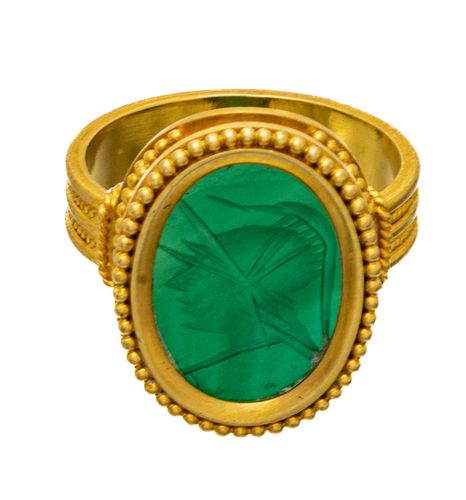 Ancient Style Intaglio Seal Signet Ring, 18kt Yellow Gold & Glass 7g Size: 7