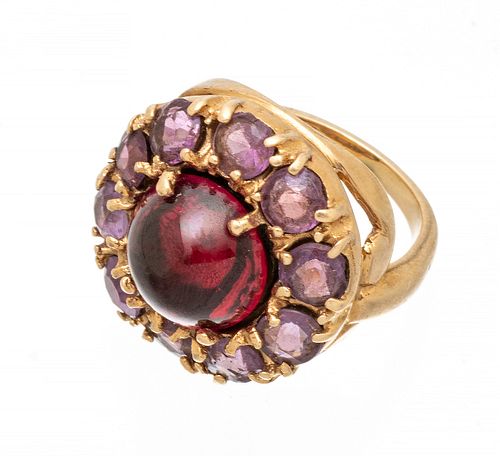 Cabochon Ruby And Amethyst, 14K Yellow Gold Ring, Size 3.5 Ca. 1940