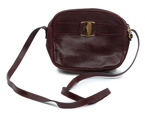 Ferragamo Brown Lizard Leather Handbag H 8'' W 6''