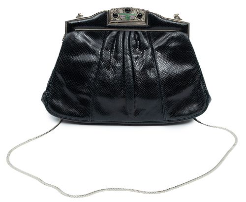 Judith Leiber Black Leather Clutch Handbag, Jewel Clasp H 6.5'' W 10''