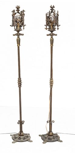 American Cast And Wrought Iron Torchier Lamps, Pair Ca. 1920, H 68'' W 11'' L 11''