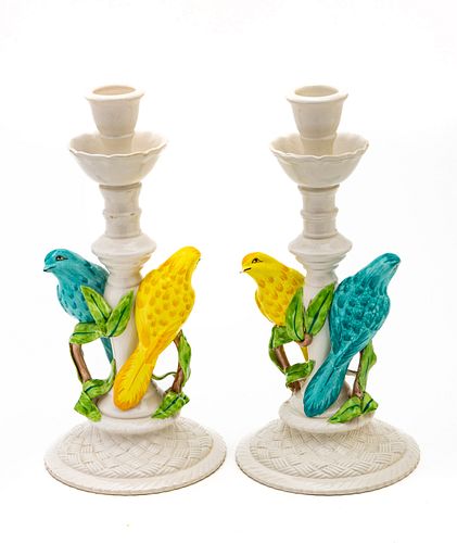 Italian Capodimonte Earthenware Candlesticks, C. 1970, Canaries On Branches, H 10.25'' Dia. 5'' 1 Pair