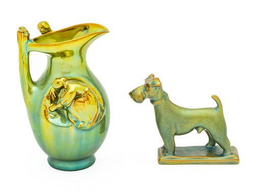 Zsolnay Glazed Green Figural Pitcher, And Terrier Dog H 6.5'' 2 pcs