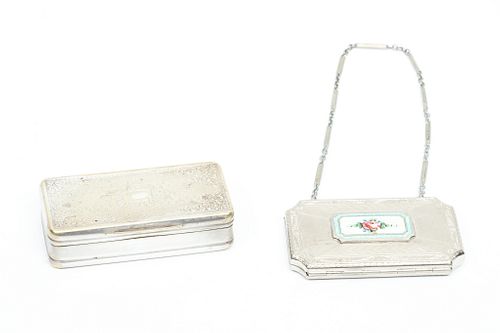 Silver Plate Makeup Purse , Enamel, Chain + Silver Plate Patch Box C. 1900, 2 pcs