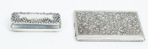 800 Silver Engraved Cigarette Case W 3'' L 4.5'' 3.8t oz 2 pcs And Chester 1902 Snuff Box