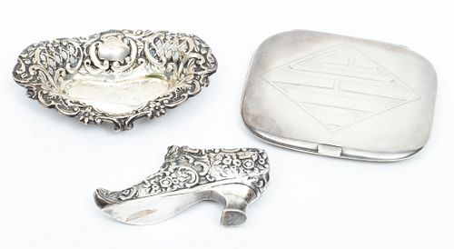 Sterling Silver Cigarette Case With Mirror, Heart Dish & Miniature Shoe W 3.7'' L 4'' 3 pcs