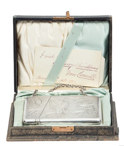 Victorian Silver Plate Card Case, Birds, W/ Original Box Ca. 1880, H 4'' W 2.5''