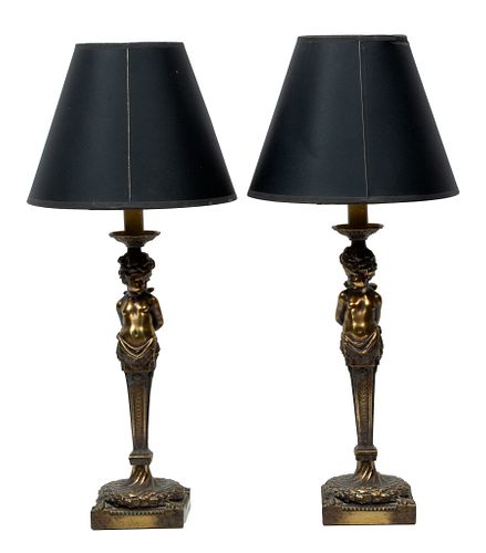 Brass Table Lamps, Bound Cherubs, Early 20th, Pair, H 20'' W 4.25''