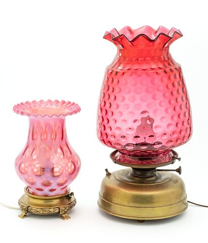 Cranberry Glass Shades, Brass Lamps, Ca. 1900, H 17.5'' Dia. 8'' 2 pcs