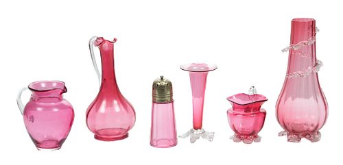 Vintage Cranberry Glass Flower Vases, Cruet, Pitchers, Shaker, 10", 6" H 10'' 6 pcs