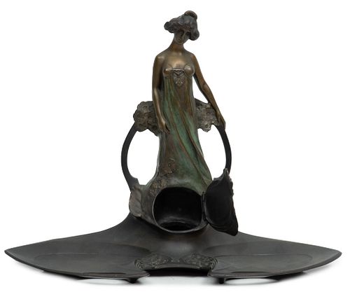 After Charles Korschann (Czech, 1872-1943) Art Nouveau Bronze Inkwell, H 10.5'' W 14'' Depth 6.5''
