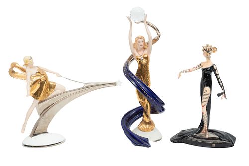 After Erte, Franklin Mint Porcelain Figures, C. 1990s, Galaxy In Gold, Pearls And Rubies, Starlight In Platinum, Three Pieces