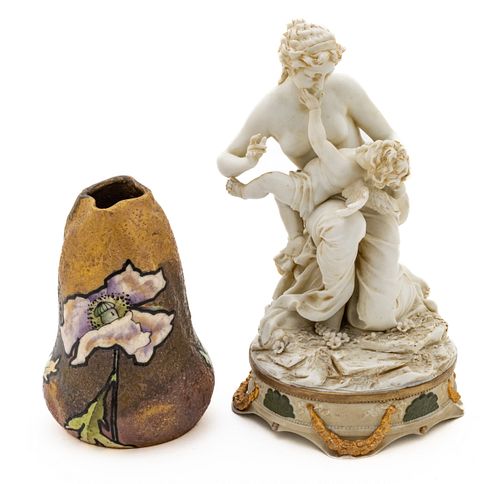 Bisque Nude Figure And Cupid 10" & Enamel Decorated Vase 5.5" C. 1880, 2 pcs