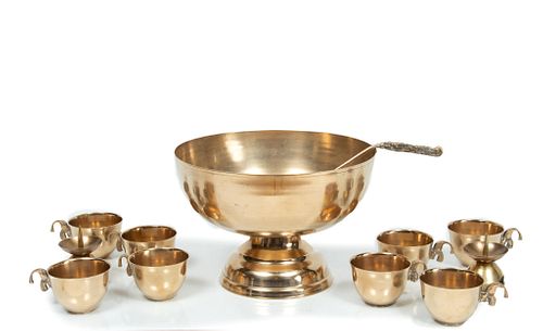 Korean War Trench Art Bowl, 10 Cups, Ladle And 2 Candle Holders, H 7.5'' Dia. 11.25''
