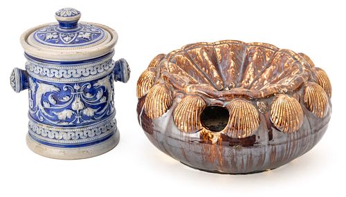 Bennington Rockingham Spittoon Di 9" & German Stoneware Jar C. 19th.c., H 4.5'' Dia. 9'' 2 pcs