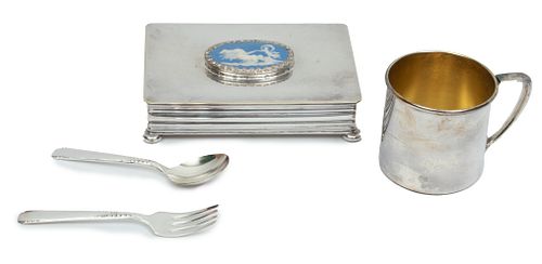 Apollo Silver Plate With Wedgwood Box L 5'' Depth 3.5'' 2 pcs Also Apollo Plate Child's Cup, Fork, Spoon.