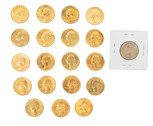 Gold Plate 25cent Pieces (19) + 1 Uncirculated Bicentennial Coins Ca. 1976