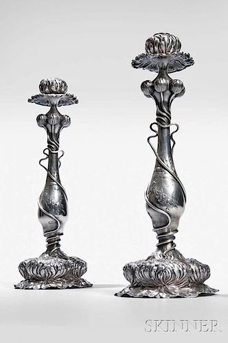 Pair of George Shiebler Art Nouveau Sterling Silver Candlesticks