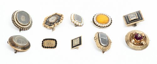 Victorian Gold Filled Mourning Pins With Woven Hair C. 1842, 10 pcs