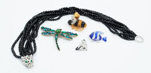 Kenneth J Lane Necklace, 7 Strands Black Beads, Leopard Clasp L 19'' And 5 Brooches