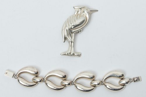 Mexico Sterling Silver Bracelet TJ 25 & Crane Brooch TF 4 H 3'' L 7'' 64g 2 pcs