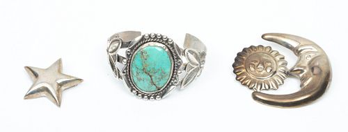 Navajo Silver And Turquoise Cuff Bracelet, Mexico Moon Brooch 64g 3 pcs