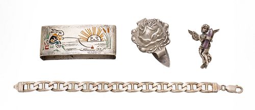 Sterling Silver Bracelet, Angel Brooch, Money Clip & Napkin Ring L 7'' 60g 4 pcs