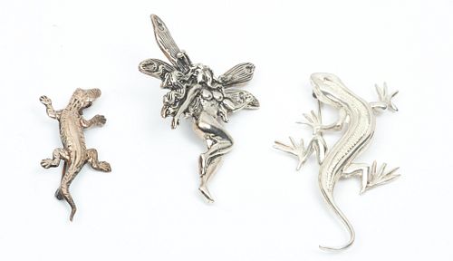 Sterling Silver Nymph And Lizard Pins C. 1950, 38g 3 pcs