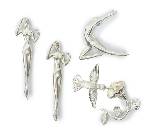 Sterling Silver Nude Dancer Brooches (3) & Hummingbird L 3'' 59g 4 pcs