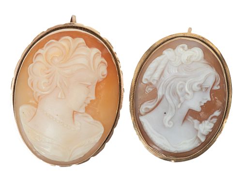 14k Gold And Italian Carved Cameo Brooches Or Pendants C. 1900, H 1.7'' 2 pcs