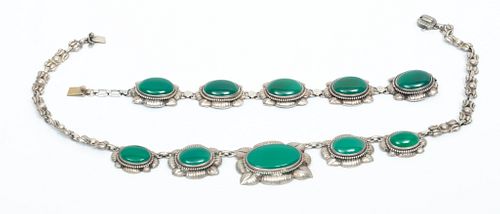 Sterling Necklace And Bracelet, Green Stones L 16'' 80.8g 2 pcs