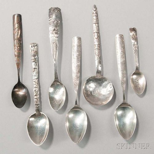 Seven Native American Sterling Silver Souvenir Spoons