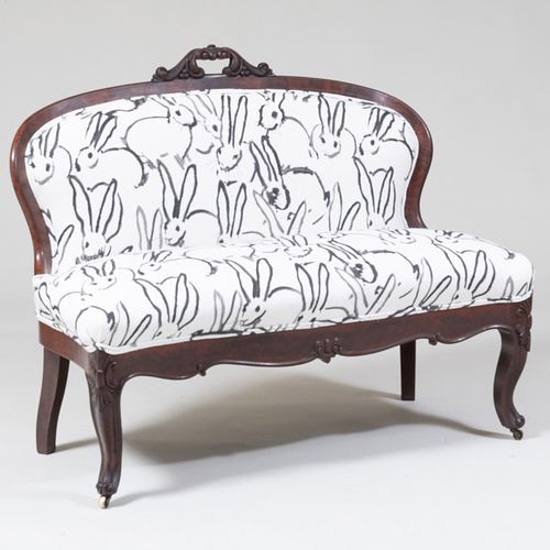 Victorian Carved Mahogany Window Bench, Upholstered with Hunt Slonem 'Bunny Hutch' Fabric