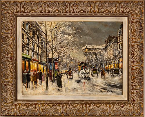 Antoine Blanchard (French, 1910-1988) Oil On Canvas Ca. 1960, Boulevard De La Madeleine, Sous La Neige, H 16'' W 22''